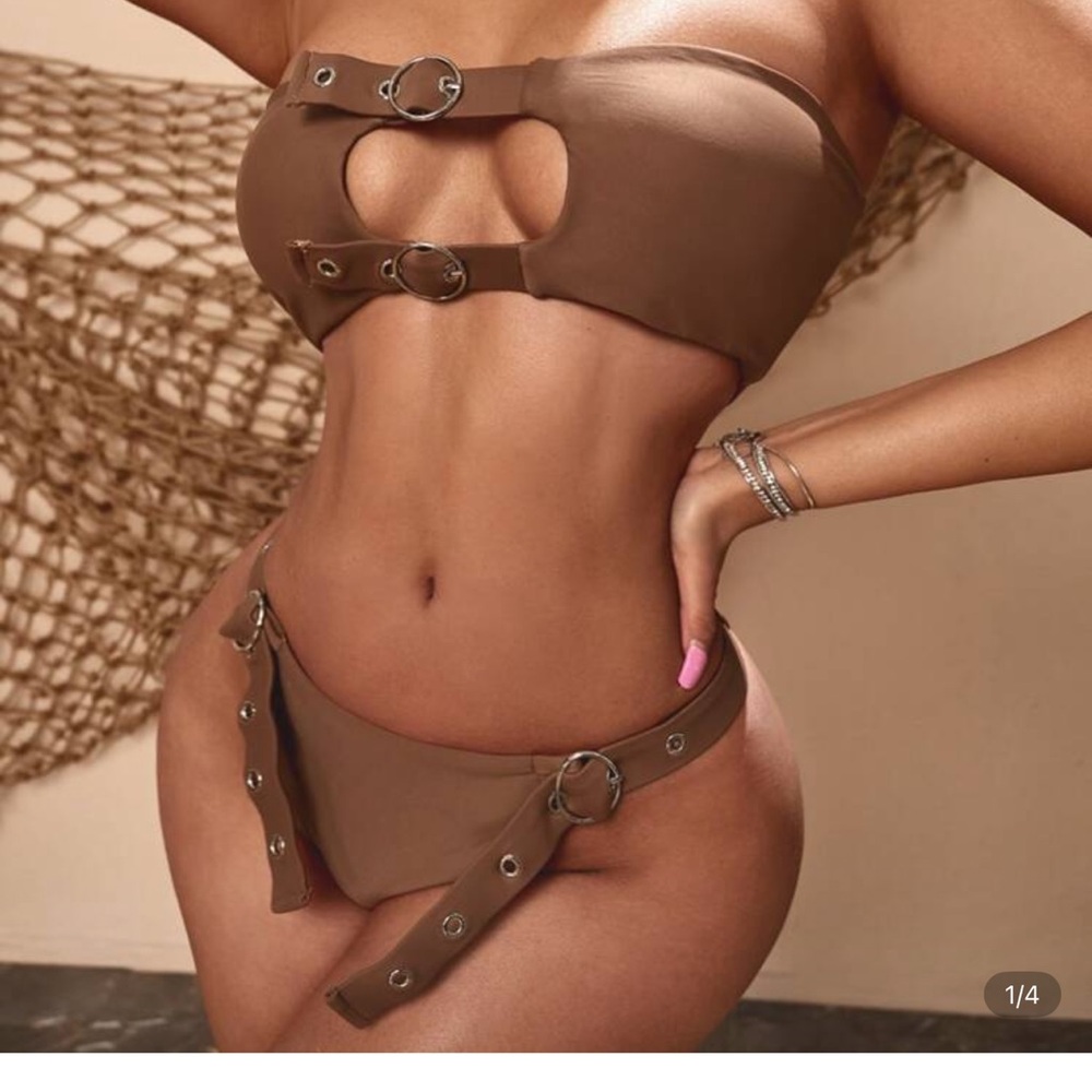 SHEIN RING LINKED CUT-OUT BANDEAU BIKINI BOLD BUCKLE ACCENTS